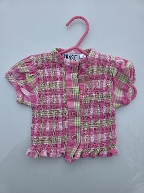 Basic Pink Plaid Smocked Short Sleeve Top for Kids